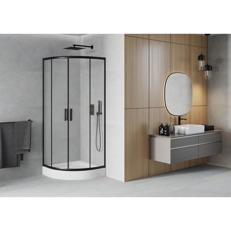 Mexen Rio Halbrunde Duschkabine 90 x 90 cm, matt, schwarz + Duschwanne, weiß - 863-090-090-70-30-4710