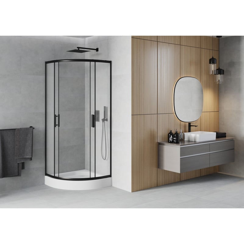 Mexen Rio Duschkabine halbrund 90 x 90 cm, Milchglas, schwarz + Rio Duschwanne, weiß - 863-090-090-70-30-4710