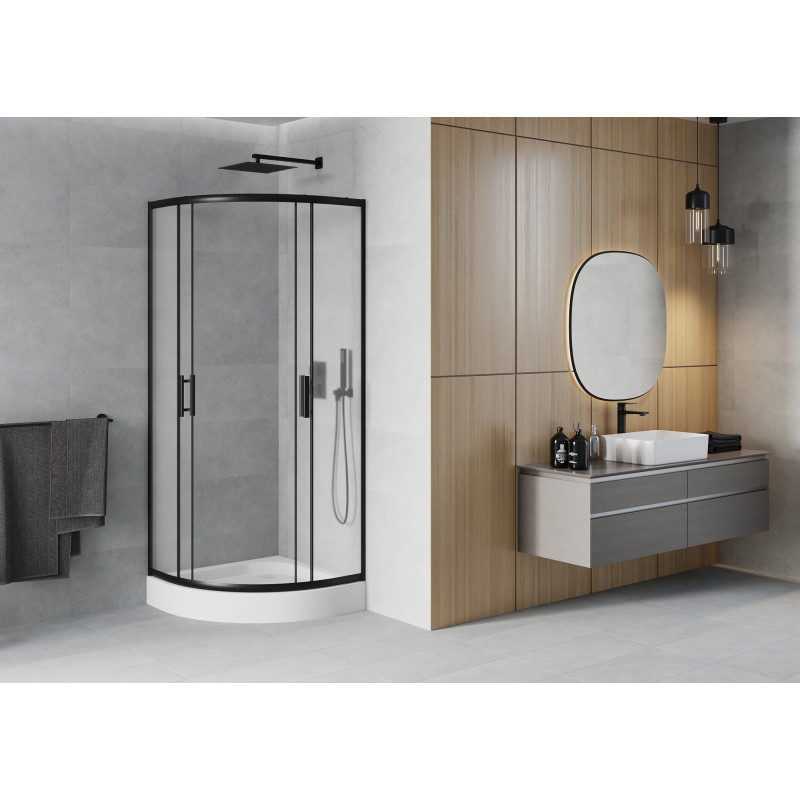 Mexen Rio Halbrunde Duschkabine 90 x 90 cm, matt, schwarz + Duschwanne, weiß - 863-090-090-70-30-4710