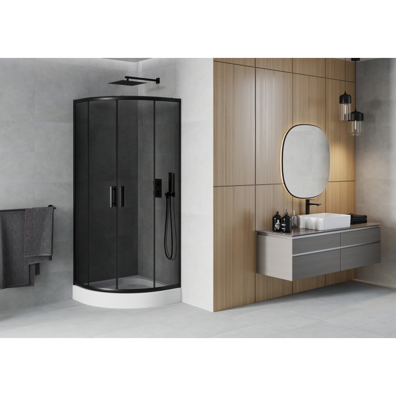 Mexen Rio Duschkabine halbrund 90 x 90 cm, grafit, schwarz + Duschwanne Rio, weiß - 863-090-090-70-40-4710