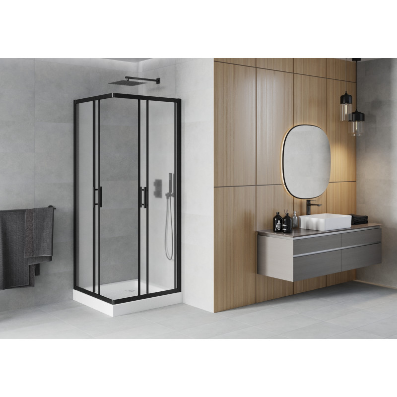 Mexen Rio quadratische Duschkabine 80 x 80 cm, Mattglas, schwarz + Duschwanne , weiß - 860-080-080-70-30-4510