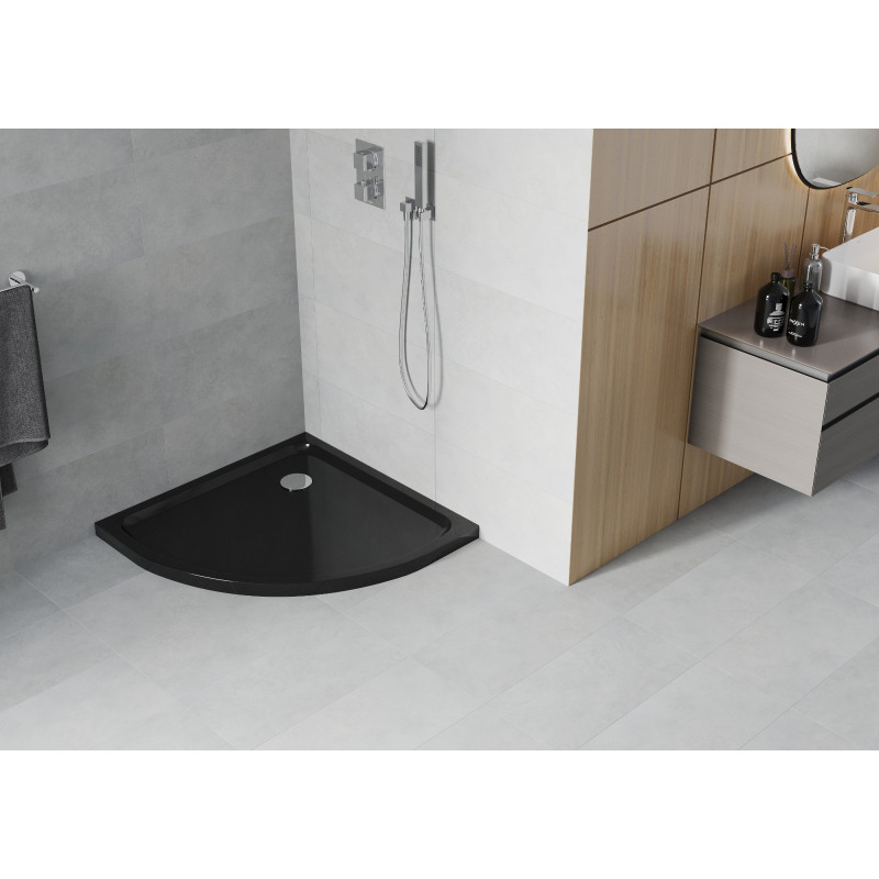 Mexen Flat Halbrund-Duschwanne Slim 100 x 100 cm, schwarz, Chrom-Siphon - 41701010