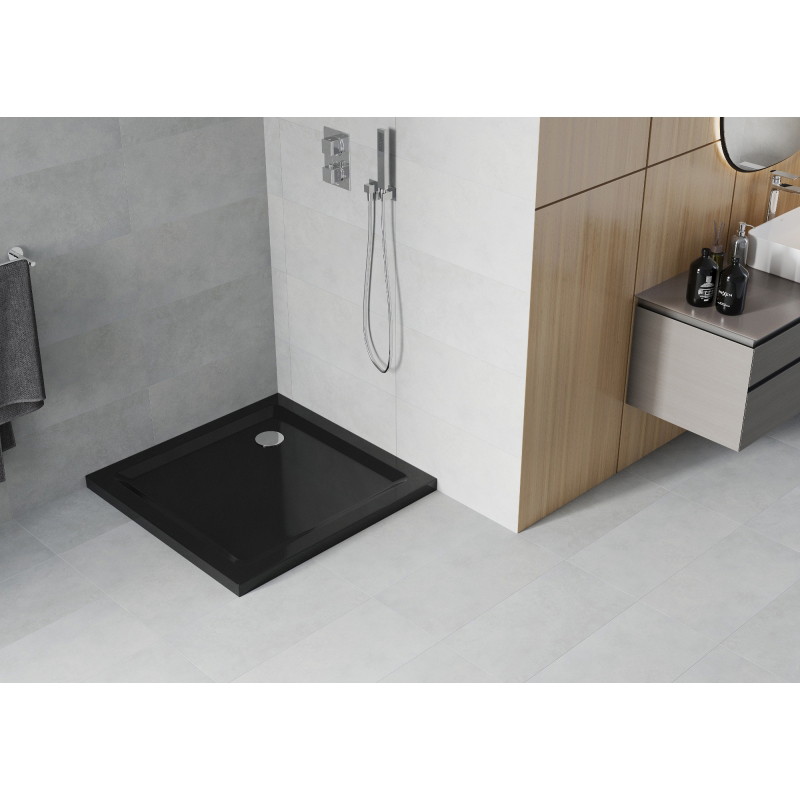 Mexen Flat Quadratische Duschwanne Slim 70 x 70 cm, Schwarz, Chrom-Siphon - 40707070