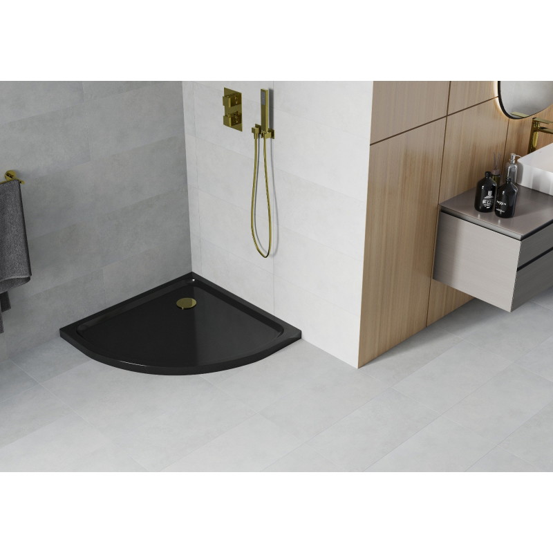 Mexen Flat halbrunde Duschwanne schlank 100 x 100 cm, schwarz, Siphon gold - 41701010G
