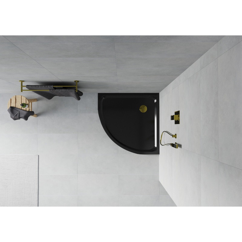 Mexen Flat halbrunde Duschwanne schlank 100 x 100 cm, schwarz, Siphon gold - 41701010G