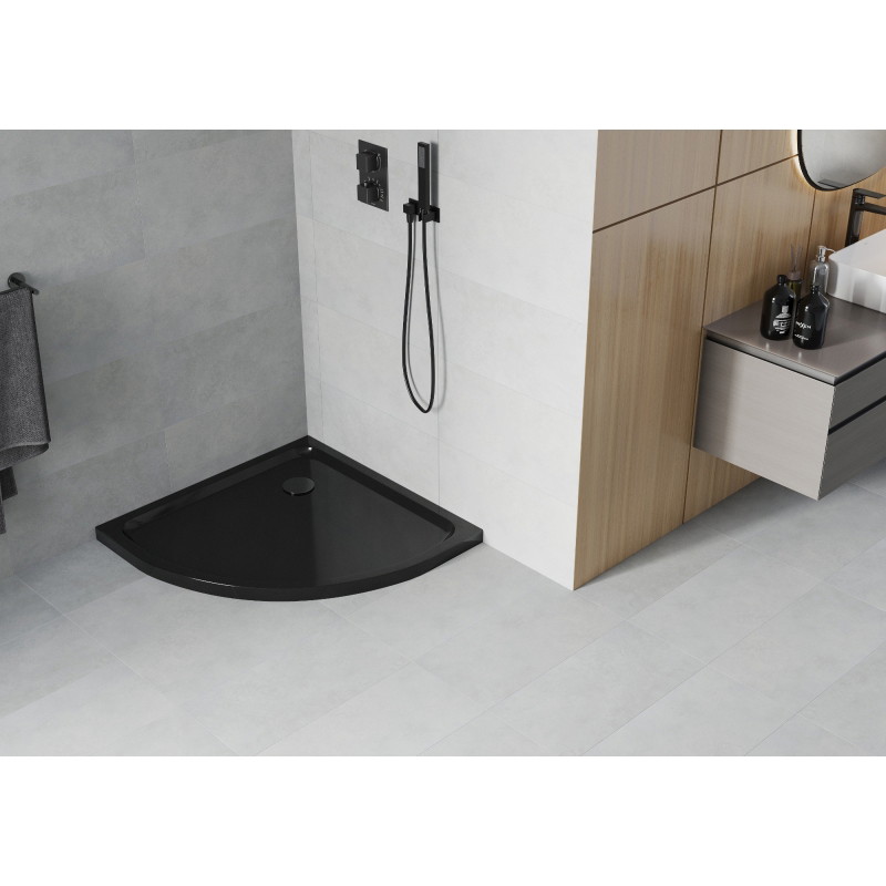 Mexen Flat Halbrunde Slim-Duschwanne 100 x 100 cm, Schwarz, Schwarzer Siphon - 41701010B