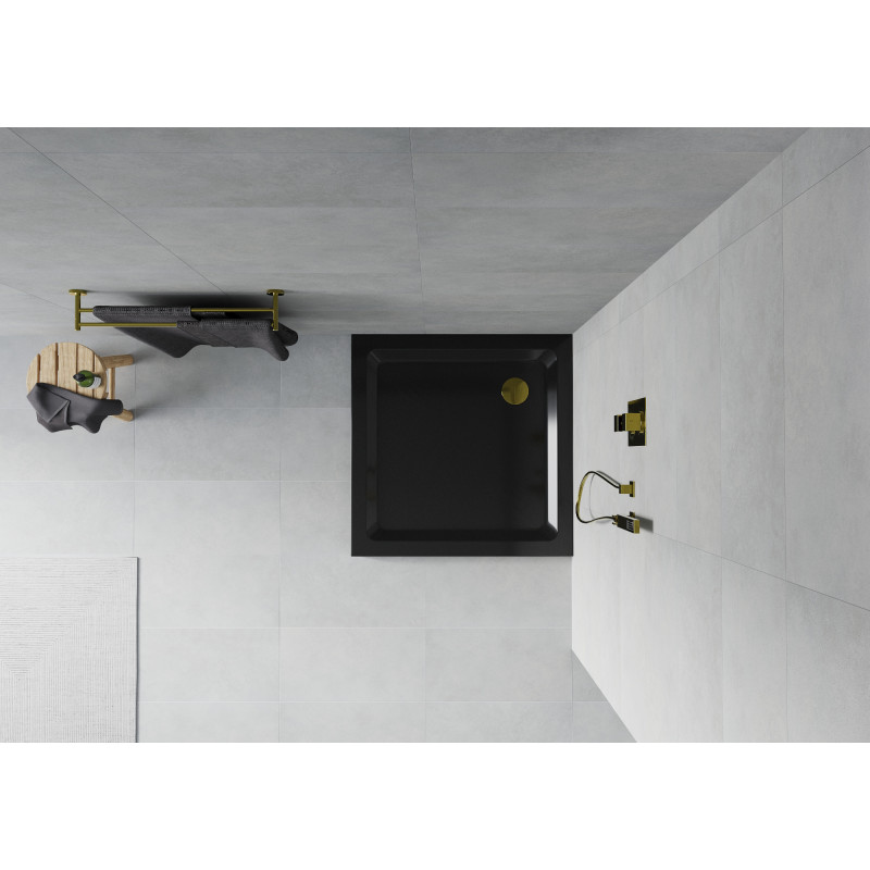 Mexen Flat quadratische Slim-Duschwanne 70 x 70 cm, schwarz, goldener Siphon - 40707070G