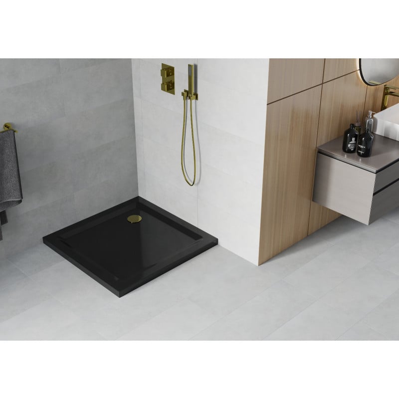 Mexen Flat quadratische Slim-Duschwanne 70 x 70 cm, schwarz, Ablaufgarnitur gold - 40707070G