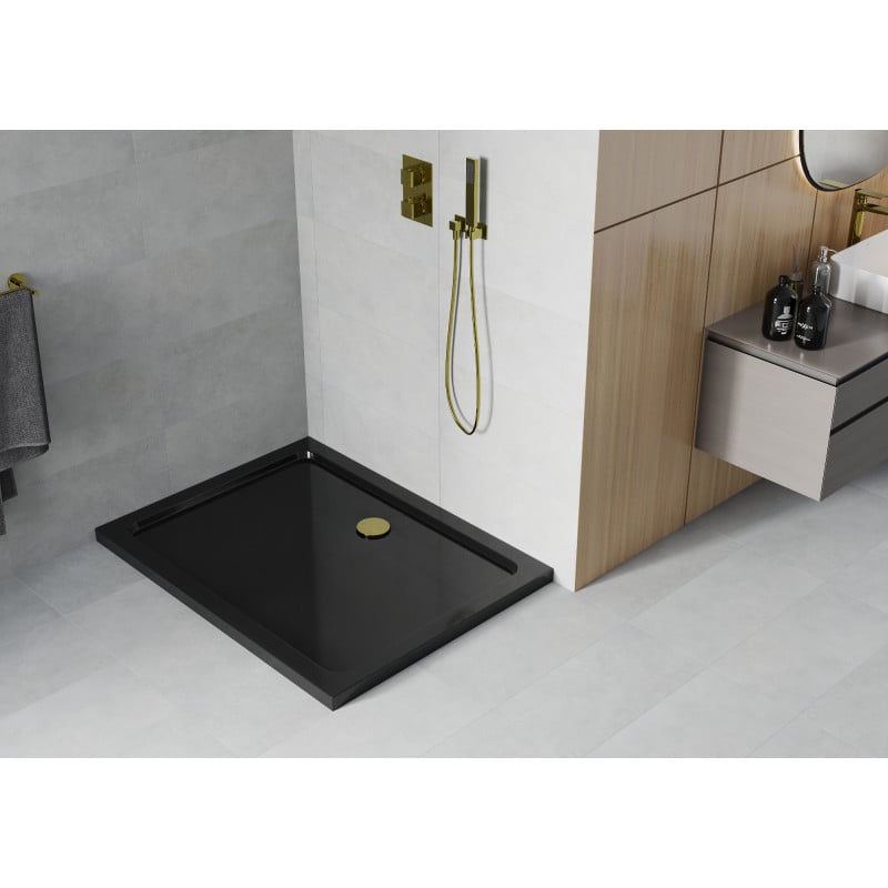 Mexen Flat rechteckige Duschwanne slim 90 x 70 cm, schwarz, Siphon gold - 40707090G