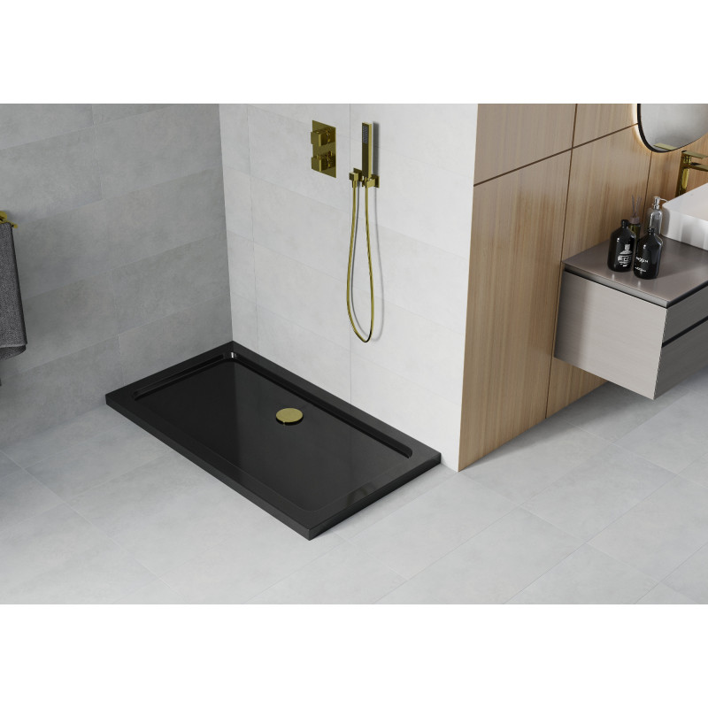 Mexen Flat rechteckige Duschwanne slim 140 x 70 cm, schwarz, goldener Siphon - 40707014G