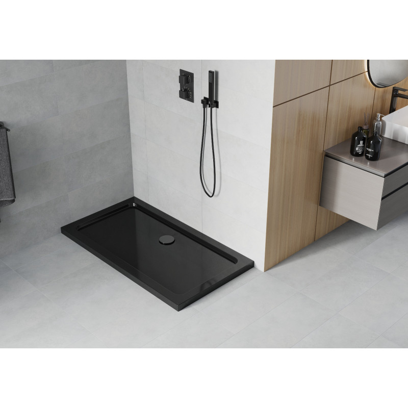 Mexen Flat rechteckige Duschwanne Slim 130 x 70 cm, schwarz, Siphon schwarz - 40707013B