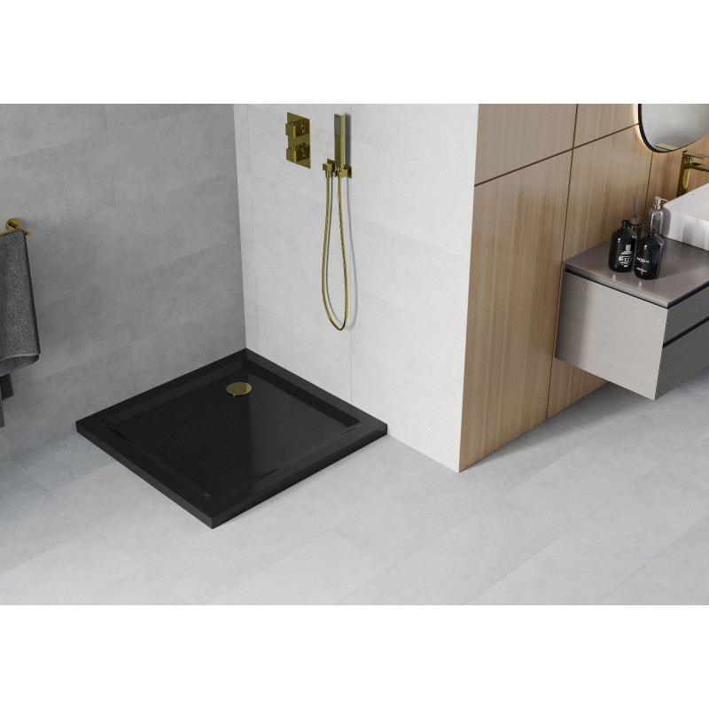 Mexen Flat quadratische Duschwanne Slim 100 x 100 cm, schwarz, Ablauf gold - 40701010G