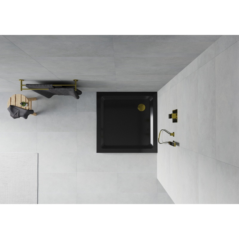 Mexen Flat quadratische Duschwanne Slim 100 x 100 cm, schwarz, Ablauf gold - 40701010G
