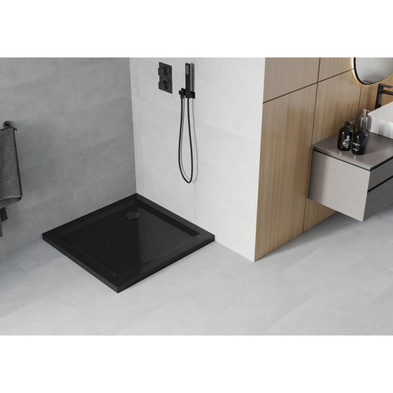 Mexen Flat Duschwanne quadratisch Slim 100 x 100 cm, schwarz, schwarzer Siphon - 40701010B