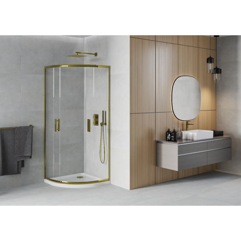Mexen Rio Duschkabine halbkreisförmig 80 x 80 cm, transparent, gold + Flat Duschbecken, weiß - 863-080-080-50-00-4110G