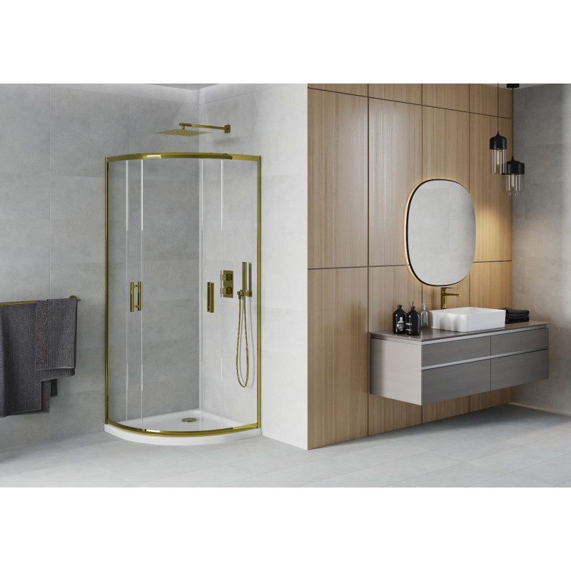 Mexen Rio halbrunde Duschkabine 80 x 80 cm, transparent, gold + Flache Duschwanne, weiß - 863-080-080-50-00-4110G
