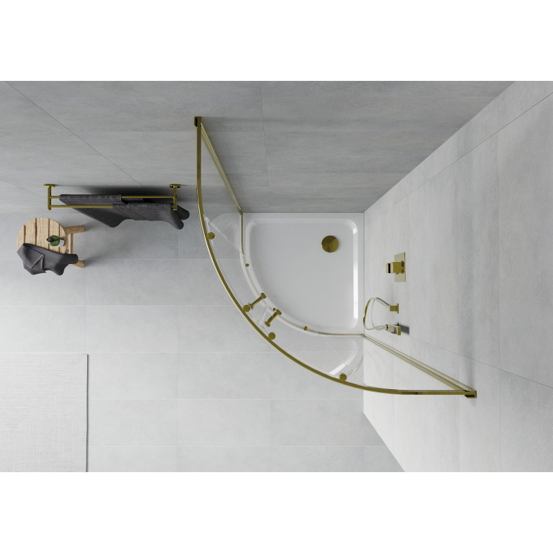 Mexen Rio Duschkabine halbkreisförmig 90 x 90 cm, transparent, gold + Flat Duschwanne, weiß - 863-090-090-50-00-4110G