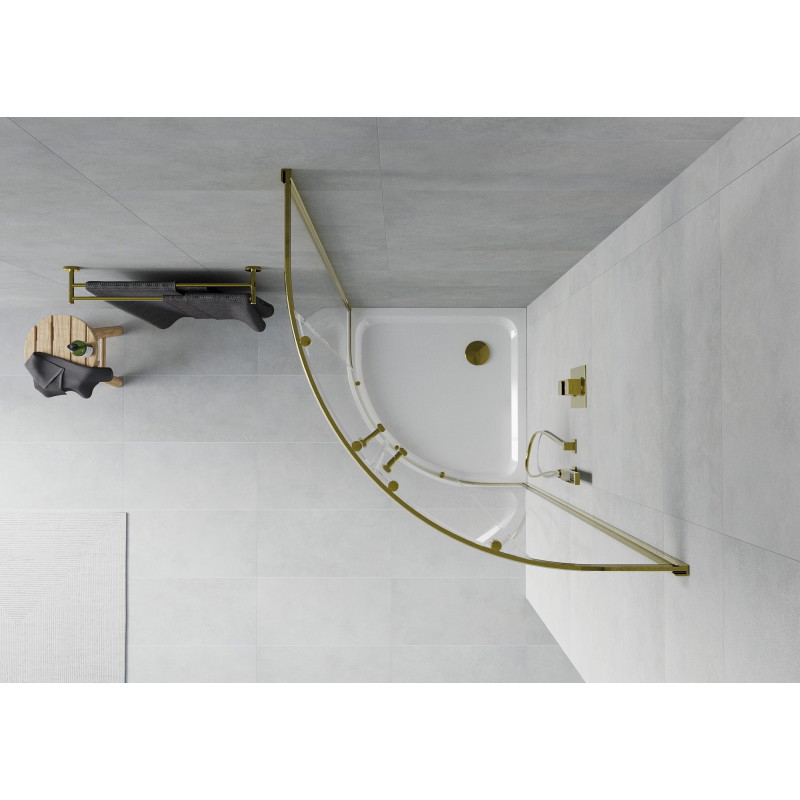 Mexen Rio Halbrunde Duschkabine 90 x 90 cm, transparent, gold + Duschwanne Flat, weiß - 863-090-090-50-00-4110G