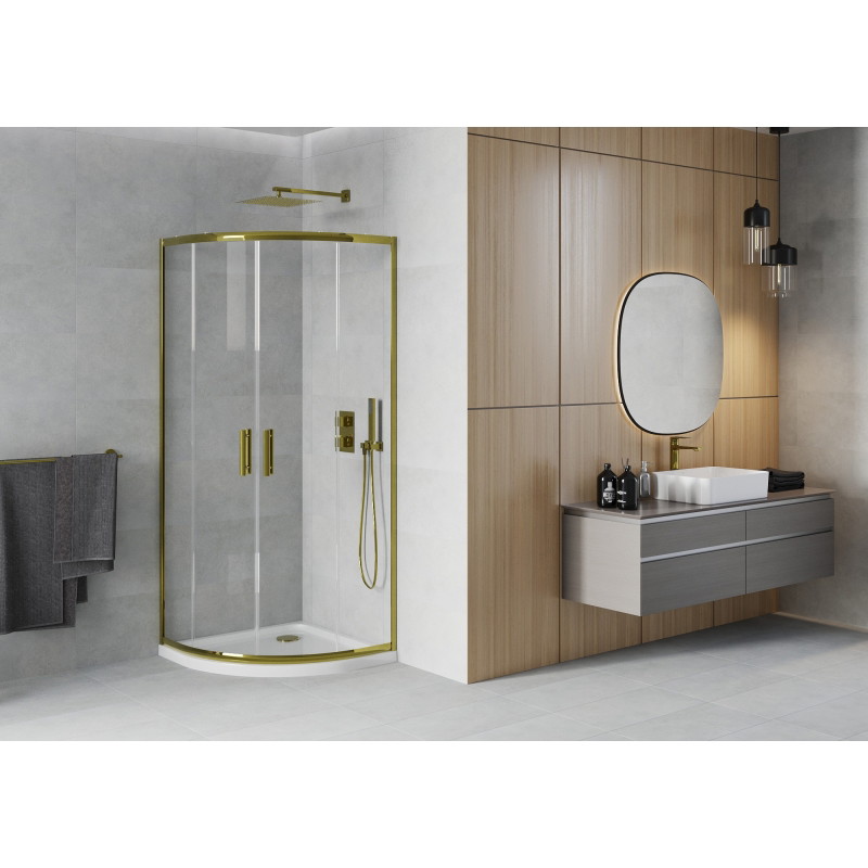 Mexen Rio Halbrunde Duschkabine 90 x 90 cm, transparent, gold + Duschwanne Flat, weiß - 863-090-090-50-00-4110G