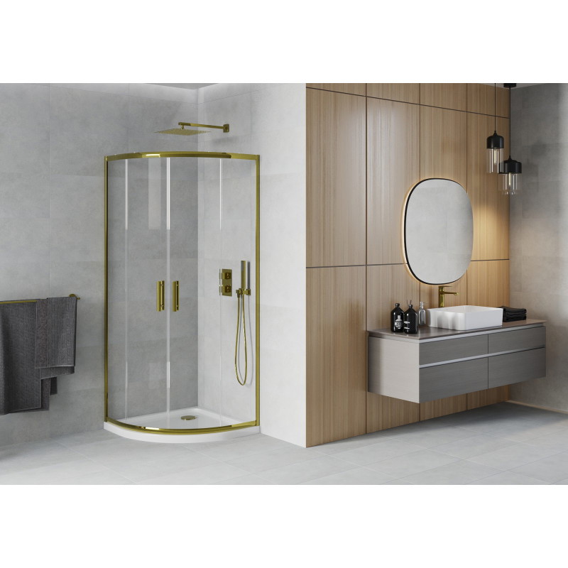 Mexen Rio Halbrunde Duschkabine 90 x 90 cm, transparent, gold + Flat Duschwanne, weiß - 863-090-090-50-00-4110G