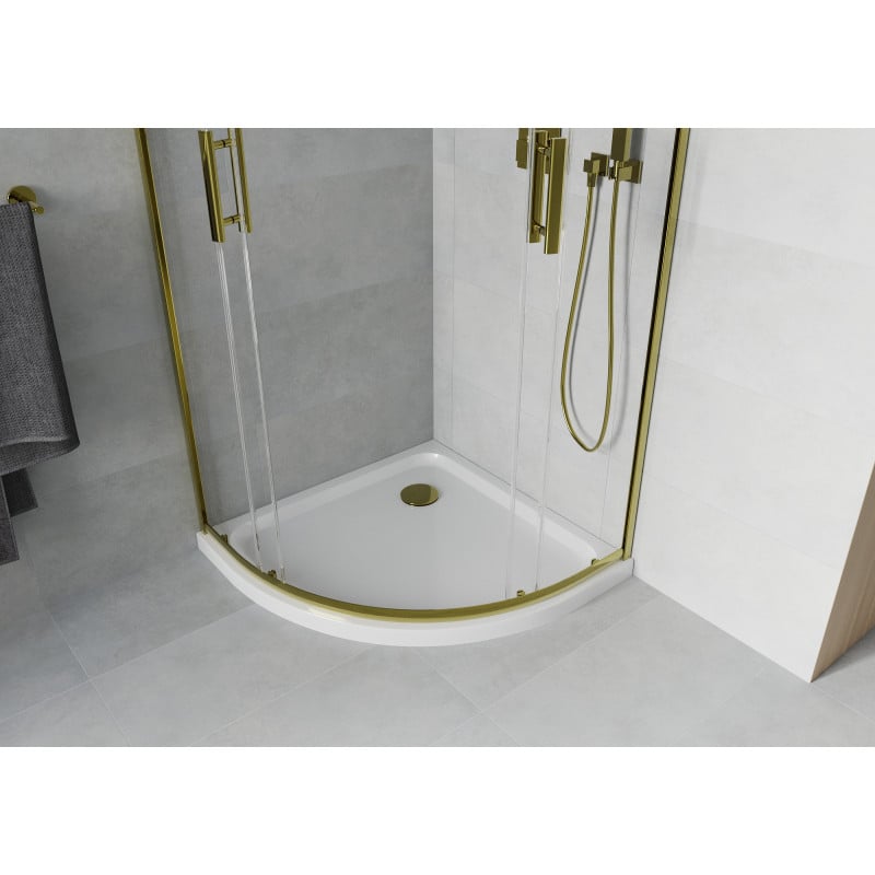 Mexen Rio Duschkabine halbkreisförmig 90 x 90 cm, transparent, gold + Flat Duschwanne, weiß - 863-090-090-50-00-4110G