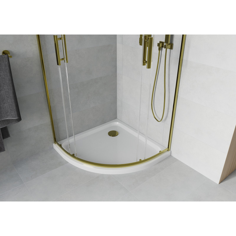 Mexen Rio Halbrunde Duschkabine 90 x 90 cm, transparent, gold + Flat Duschwanne, weiß - 863-090-090-50-00-4110G