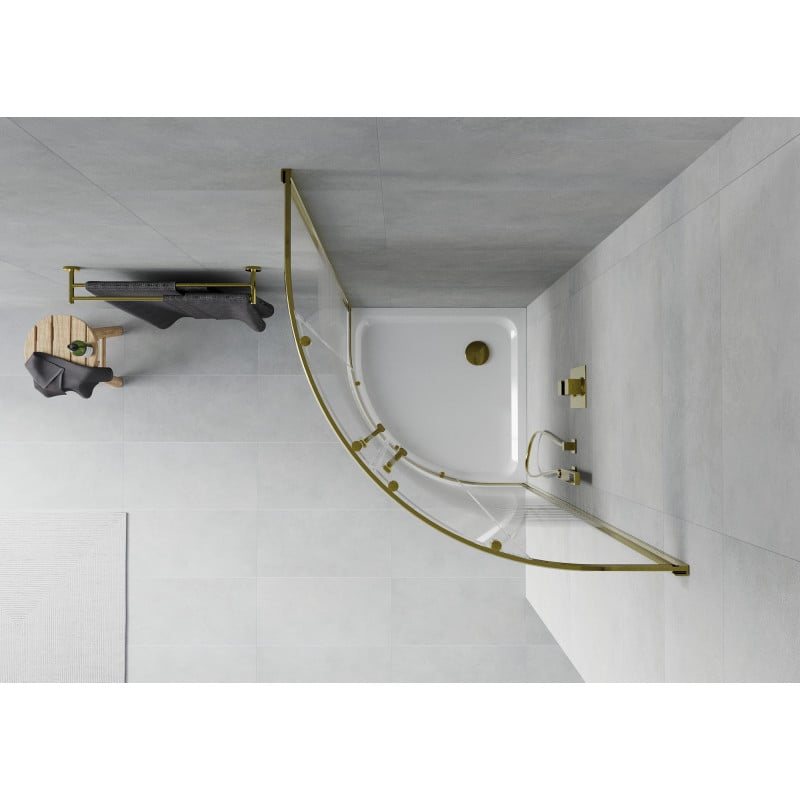 Mexen Rio Duschkabine halbkreisförmig 80 x 80 cm, weiße Streifen, Gold + Flat Duschwanne, weiß - 863-080-080-50-20-4110G