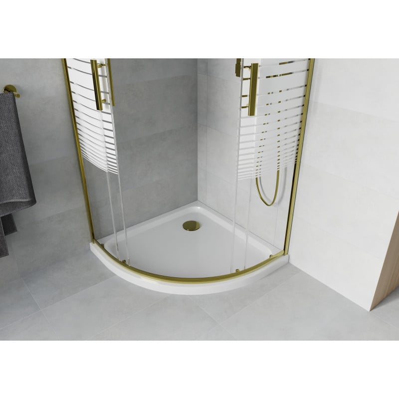 Mexen Rio Duschkabine halbkreisförmig 80 x 80 cm, weiße Streifen, Gold + Flat Duschwanne, weiß - 863-080-080-50-20-4110G