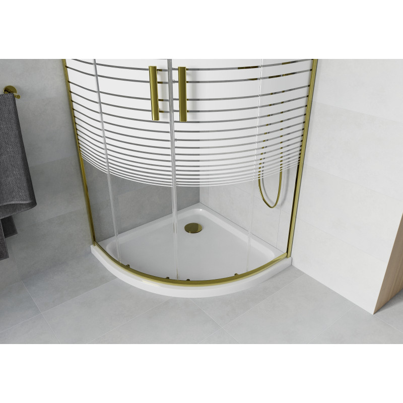 Mexen Rio Duschkabine halbkreisförmig 80 x 80 cm, weiße Streifen, Gold + Flat Duschwanne, weiß - 863-080-080-50-20-4110G