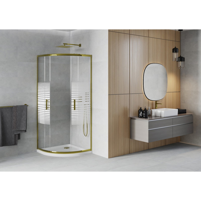 Mexen Rio Halbrunde Duschkabine 90 x 90 cm, weiße Streifen, Gold + Flat-Duschwanne, weiß - 863-090-090-50-20-4110G