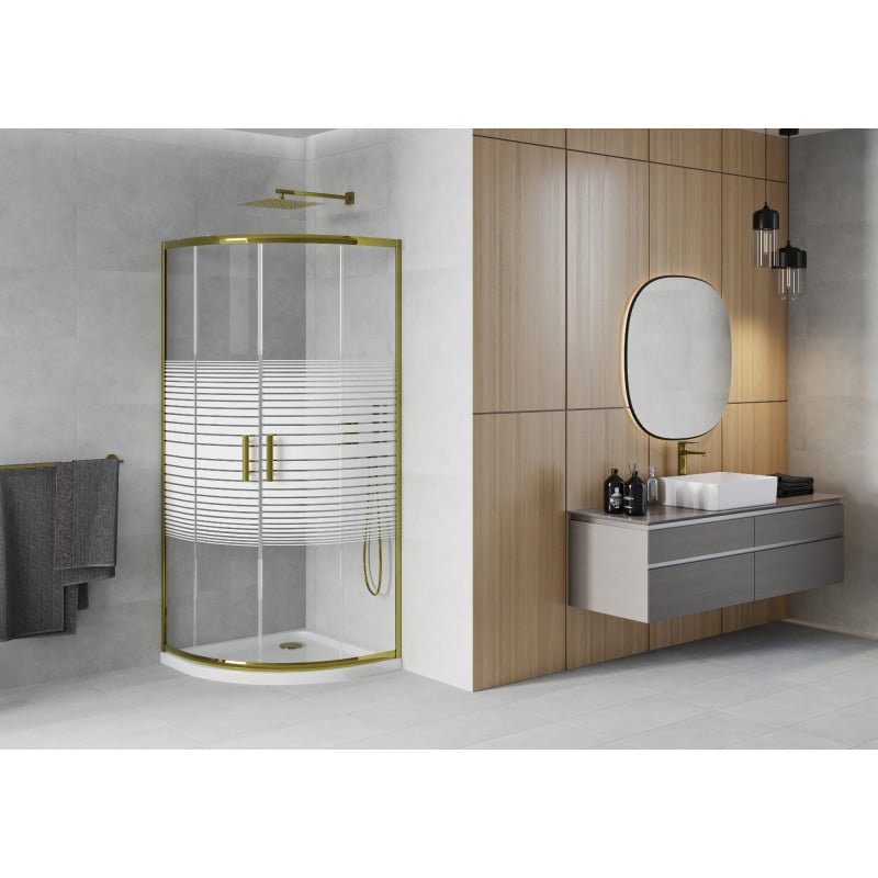 Mexen Rio Halbrunde Duschkabine 90 x 90 cm, weiße Streifen, Gold + Flat-Duschwanne, weiß - 863-090-090-50-20-4110G