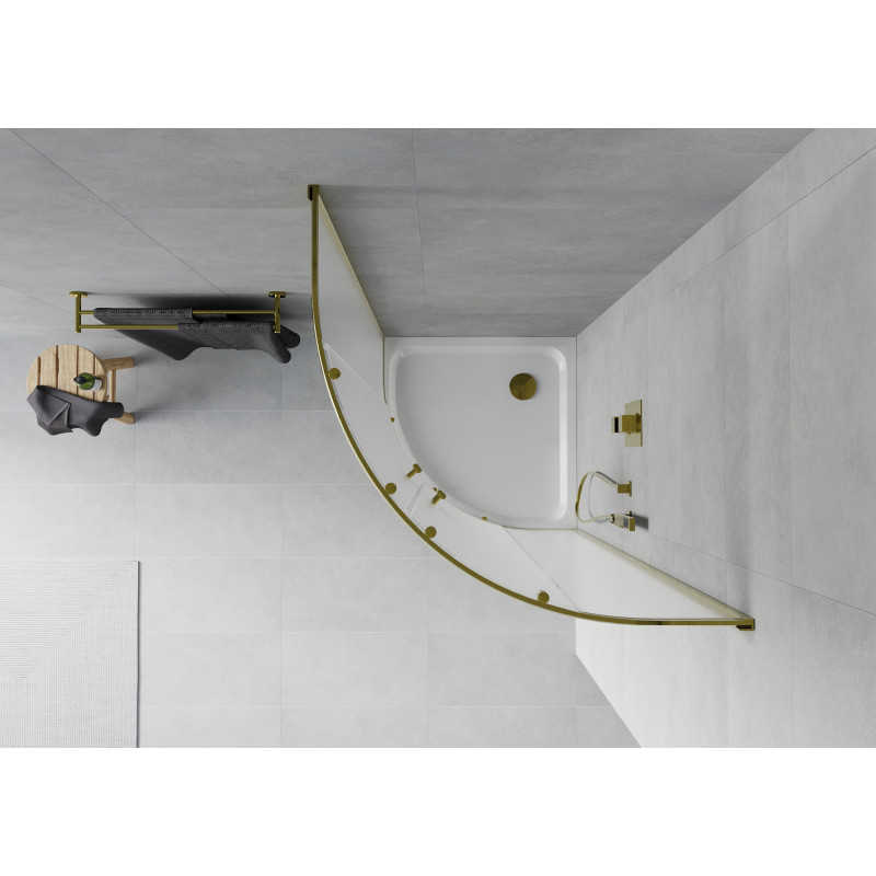 Mexen Rio halbkreisförmige Duschkabine 90 x 90 cm, satiniert, gold + Duschwanne Flat, weiß - 863-090-090-50-30-4110G