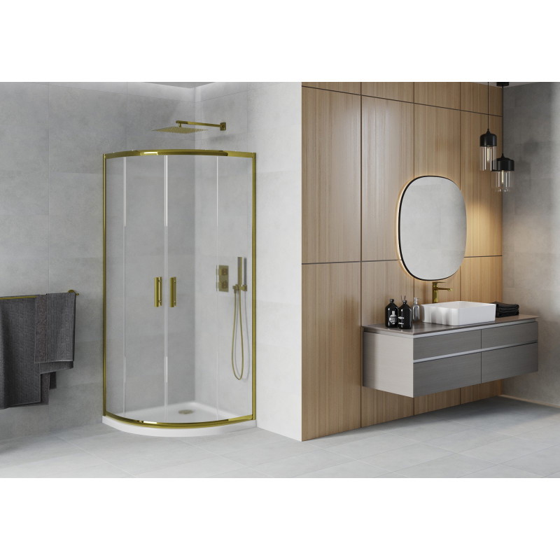 Mexen Rio halbkreisförmige Duschkabine 90 x 90 cm, satiniert, gold + Duschwanne Flat, weiß - 863-090-090-50-30-4110G