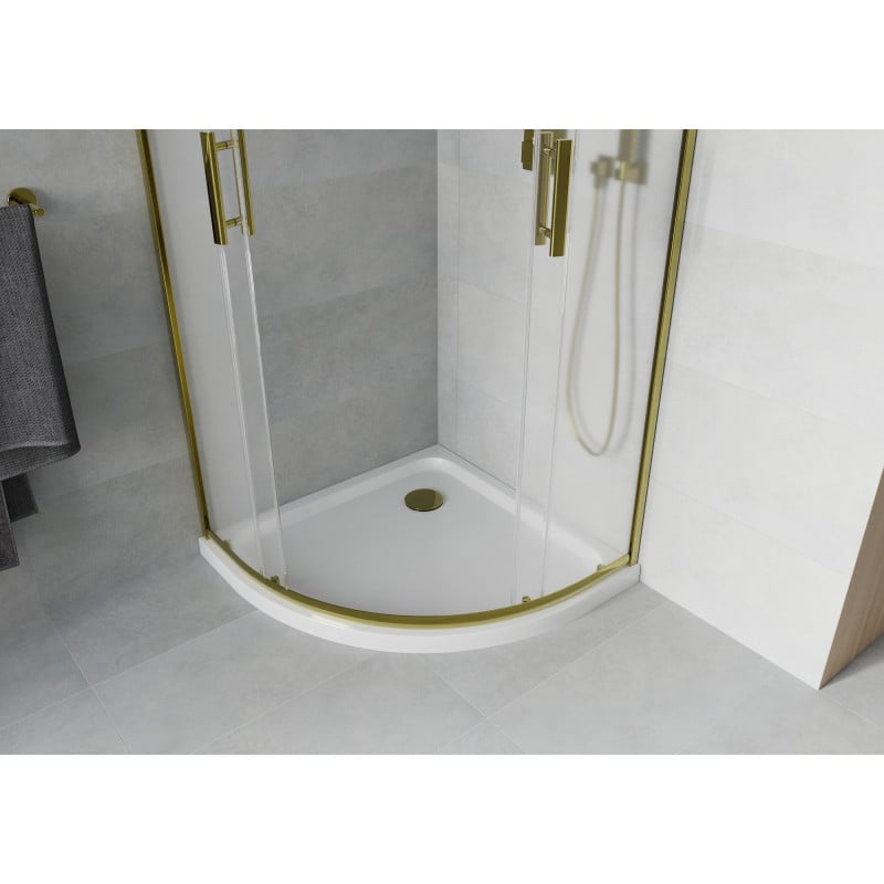 Mexen Rio Duschkabine halbkreisförmig 90 x 90 cm, matt, gold + Flat Duschwanne, weiß - 863-090-090-50-30-4110G