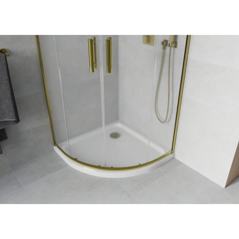 Mexen Rio halbkreisförmige Duschkabine 90 x 90 cm, satiniert, gold + Duschwanne Flat, weiß - 863-090-090-50-30-4110G