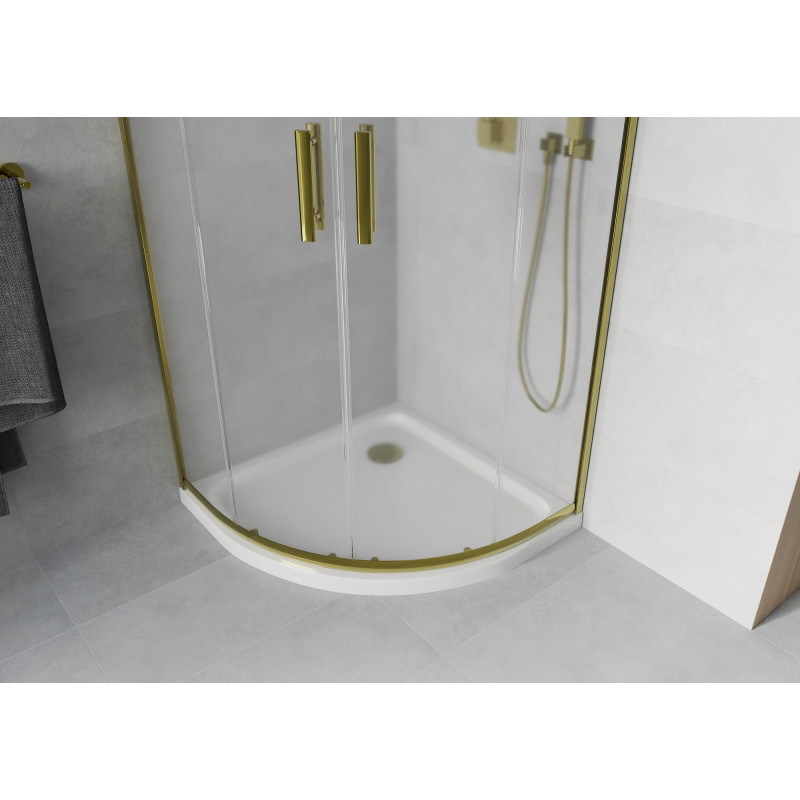 Mexen Rio Halbrunde Duschkabine 90 x 90 cm, Frostglas, Gold + Flat-Duschwanne, Weiß - 863-090-090-50-30-4110G