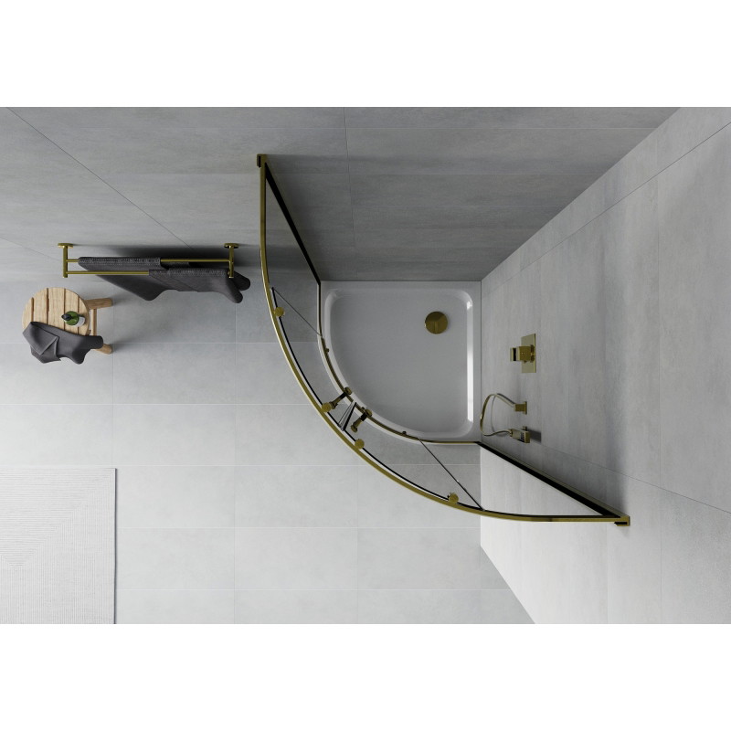 Mexen Rio halbrunde Duschkabine 80 x 80 cm, Graphit, Gold + Flat Duschwanne, Weiß - 863-080-080-50-40-4110G