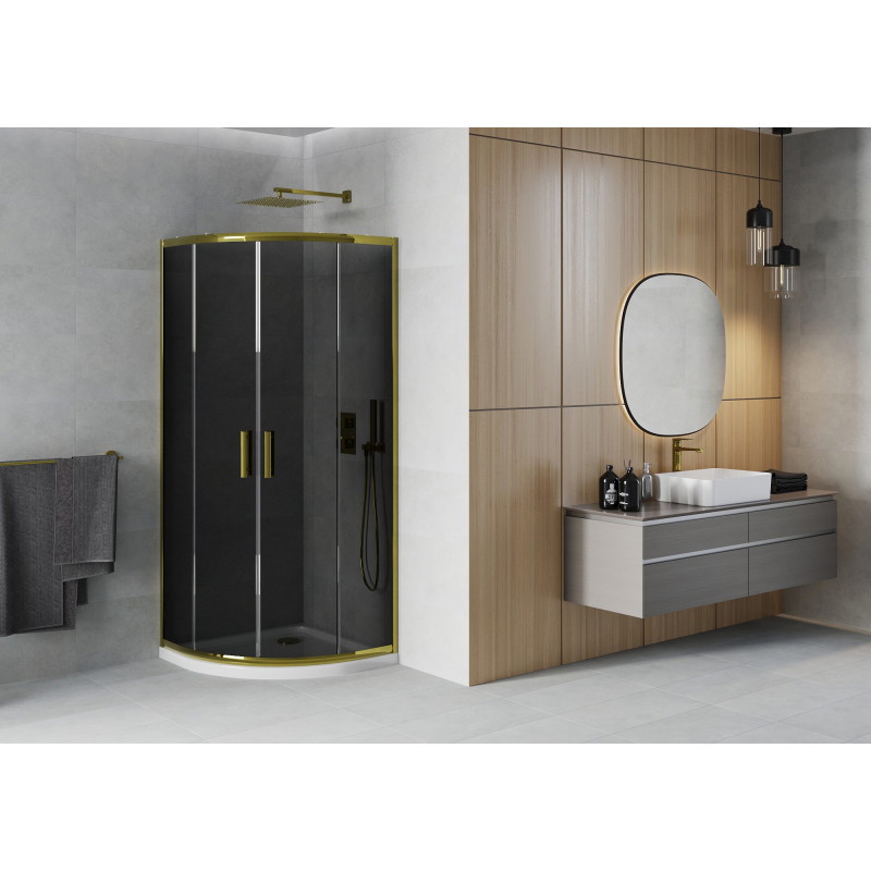 Mexen Rio Halbrunde Duschkabine 80 x 80 cm, Grafit, Gold + Flat-Duschwanne, Weiß - 863-080-080-50-40-4110G