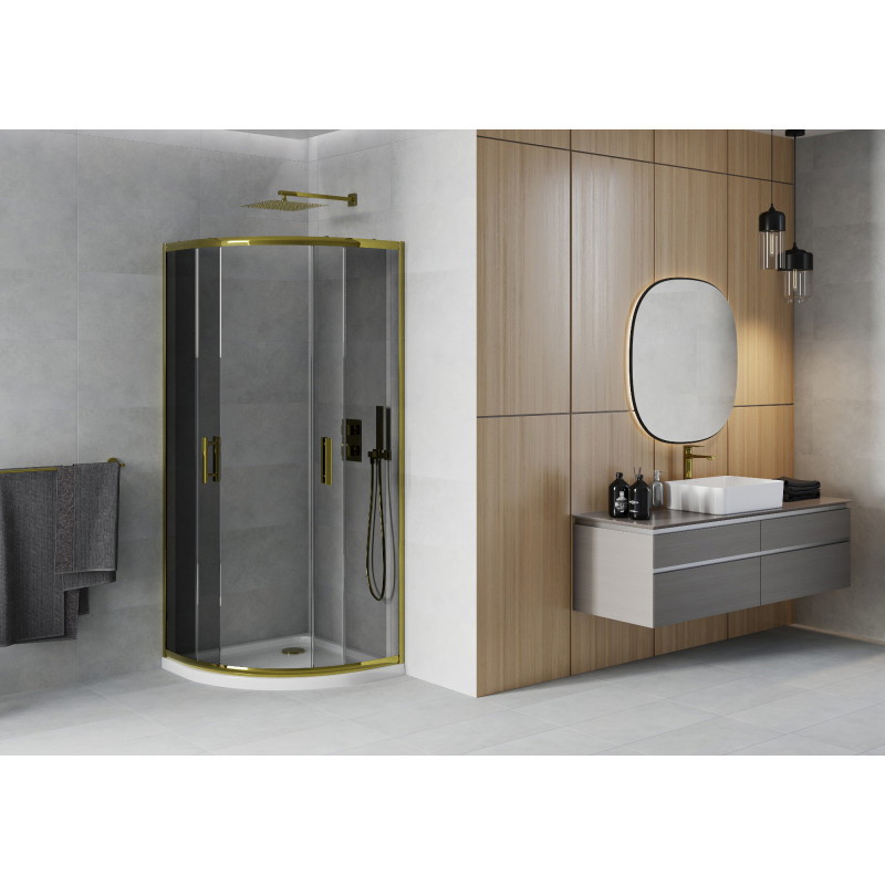 Mexen Rio Halbrunde Duschkabine 80 x 80 cm, Grafit, Gold + Flat-Duschwanne, Weiß - 863-080-080-50-40-4110G