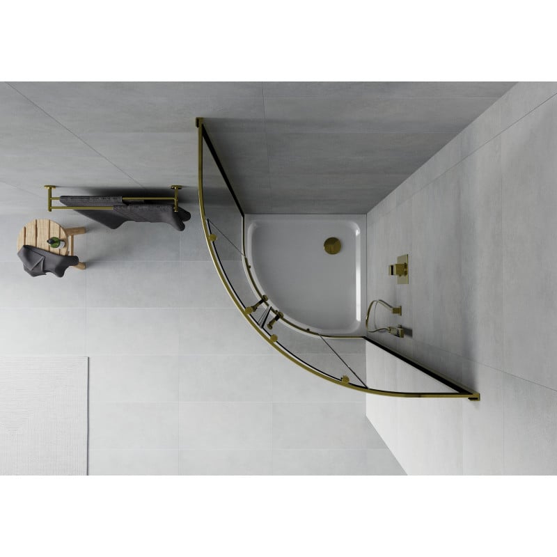Mexen Rio Duschkabine halbrund 90 x 90 cm, Graphit, Gold + Duschwanne Flat, Weiß - 863-090-090-50-40-4110G