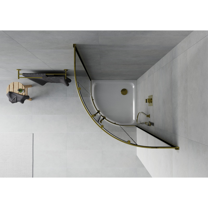 Mexen Rio Halbrunde Duschkabine 90 x 90 cm, Graphit, Gold + Flat Duschwanne, Weiß - 863-090-090-50-40-4110G