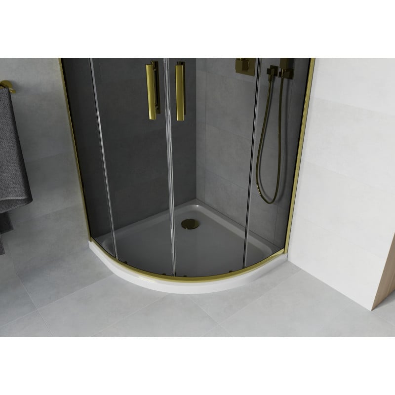 Mexen Rio Duschkabine halbrund 90 x 90 cm, Graphit, Gold + Duschwanne Flat, Weiß - 863-090-090-50-40-4110G