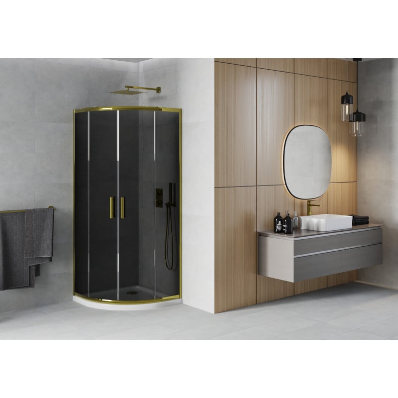 Mexen Rio Duschkabine halbrund 90 x 90 cm, Graphit, Gold + Duschwanne Flat, Weiß - 863-090-090-50-40-4110G