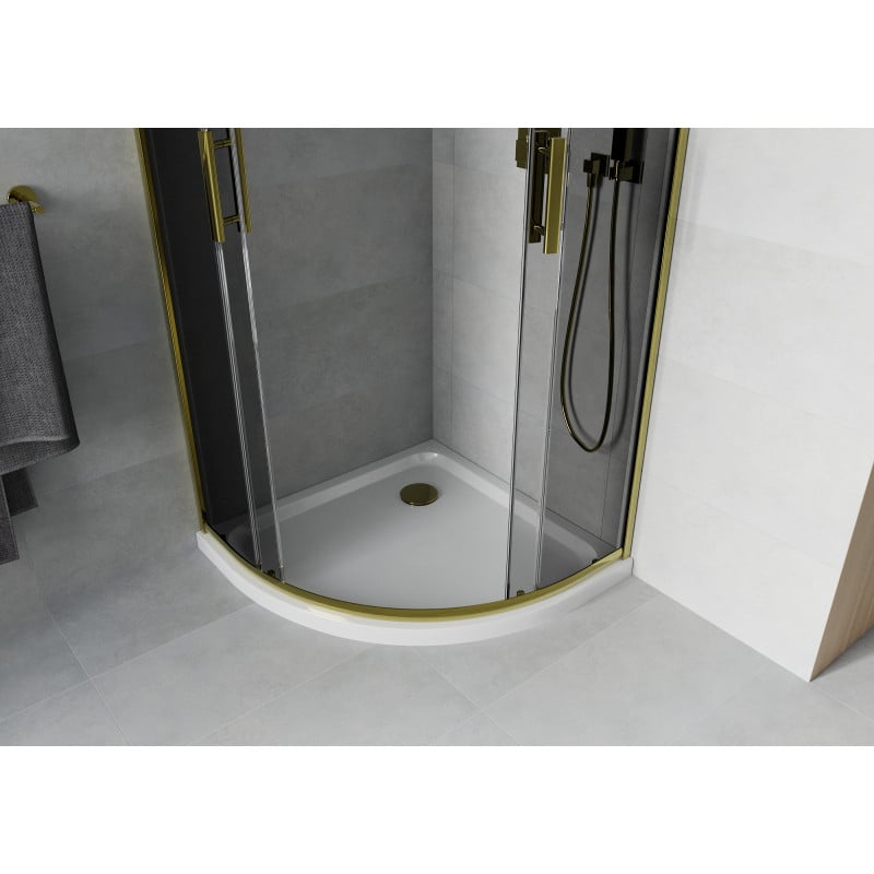 Mexen Rio Duschkabine halbrund 90 x 90 cm, Graphit, Gold + Duschwanne Flat, Weiß - 863-090-090-50-40-4110G