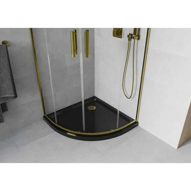 Mexen Rio Duschkabine halbrund 80 x 80 cm, transparent, gold + Duschwanne Flat, schwarz - 863-080-080-50-00-4170G