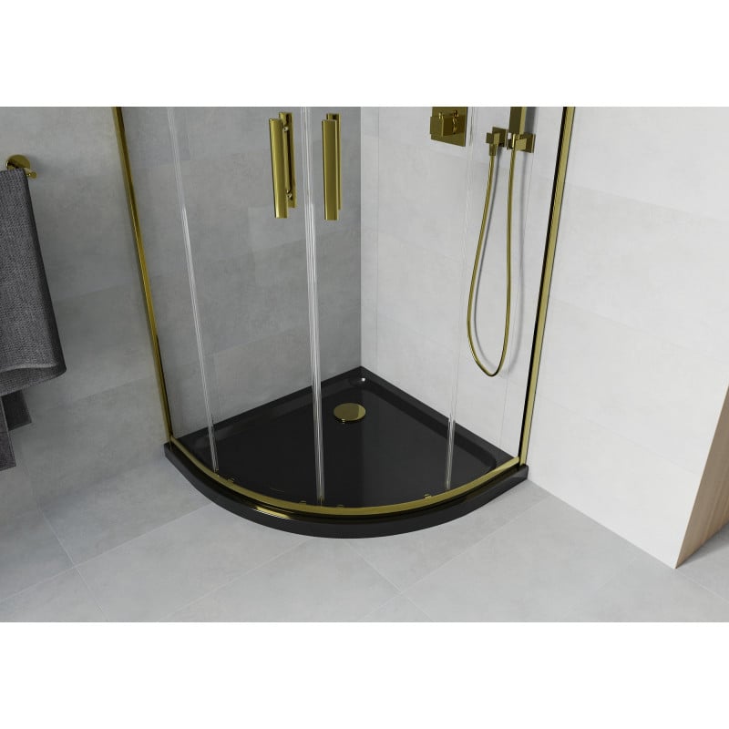 Mexen Rio Duschkabine halbrund 80 x 80 cm, transparent, gold + Flat Duschwanne, schwarz - 863-080-080-50-00-4170G