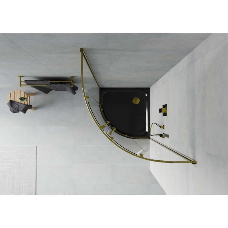 Mexen Rio Duschkabine halbrund 80 x 80 cm, transparent, gold + Duschwanne Flat, schwarz - 863-080-080-50-00-4170G