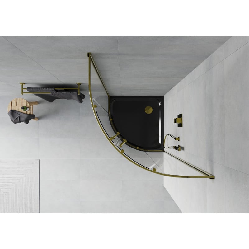 Mexen Rio Duschkabine halbrund 80 x 80 cm, transparent, gold + Flat Duschwanne, schwarz - 863-080-080-50-00-4170G