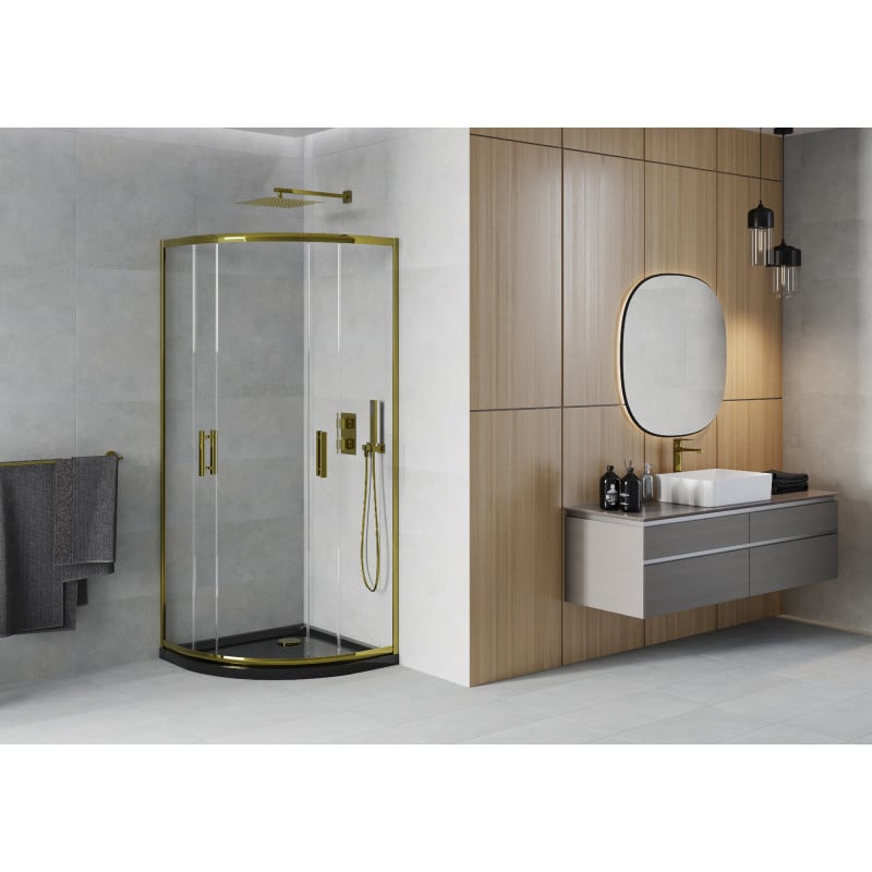 Mexen Rio Duschkabine halbrund 80 x 80 cm, transparent, gold + Flat Duschwanne, schwarz - 863-080-080-50-00-4170G