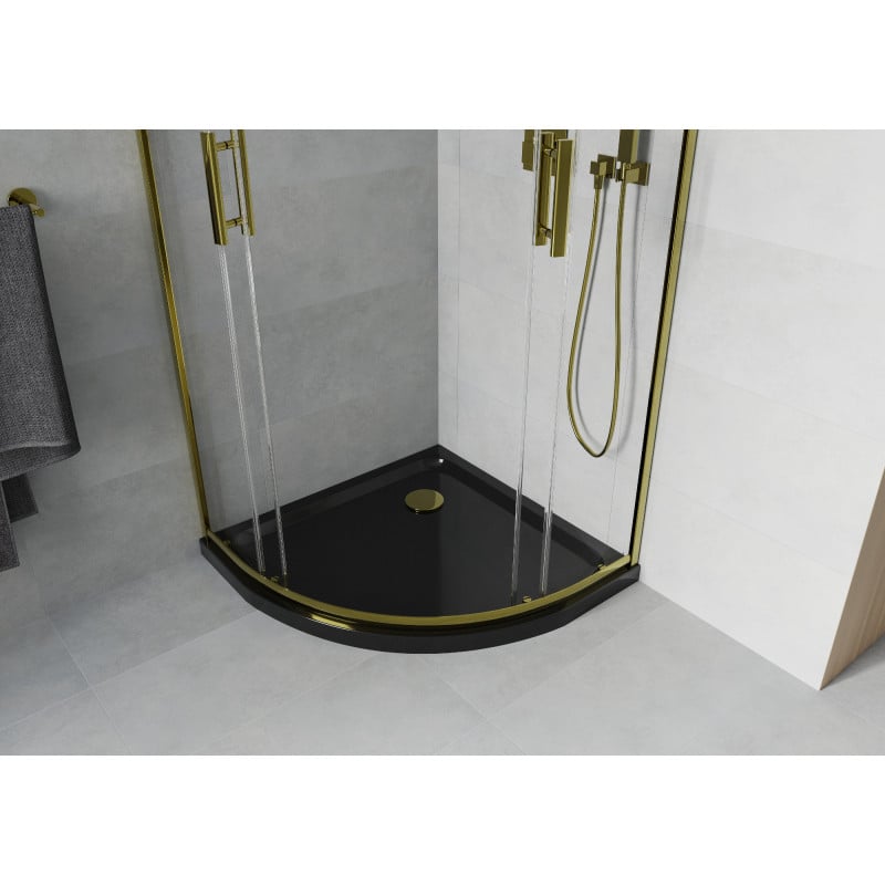 Mexen Rio Duschkabine Halbkreis 90 x 90 cm, transparent, gold + Duschwanne Flat, schwarz - 863-090-090-50-00-4170G